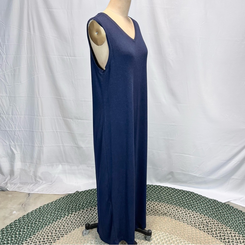 LL Bean indigo long maxi dress sleeveless v neck sundress navy blue stretchy - Picture 4 of 11